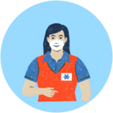 避難所の簡易トイレの展示コーナー担当の女性が発言するイラスト